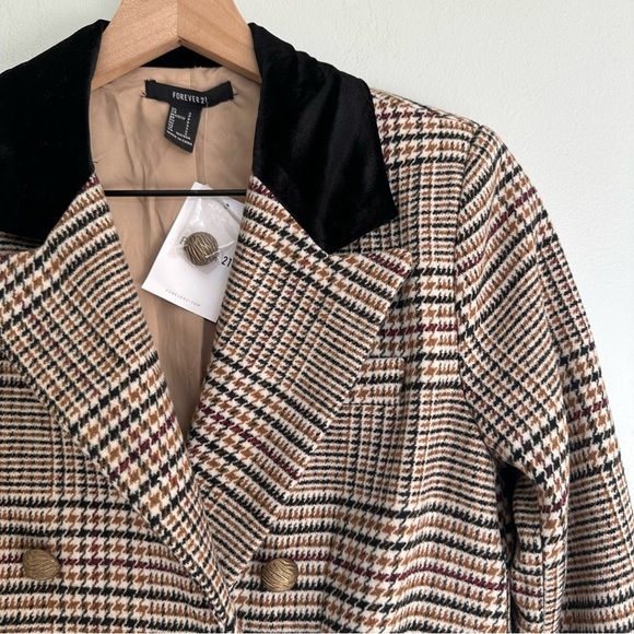 Forever 21 Plaid Double Breasted Velvet Collar Gold Buttons Blazer Jacket - Picture 2 of 4
